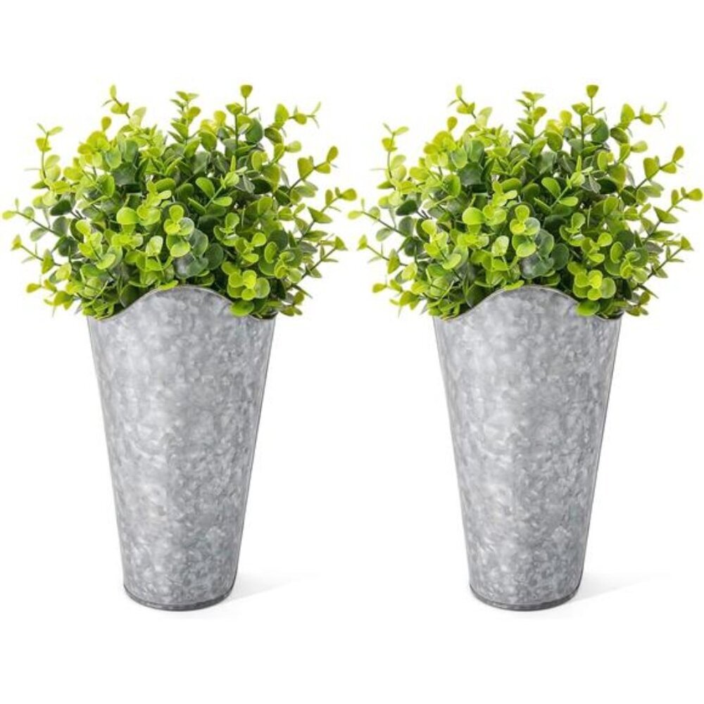 2 Pack Galvanized Metal Wall Planter with Artificial Eucalyptus Farmhouse Decor
